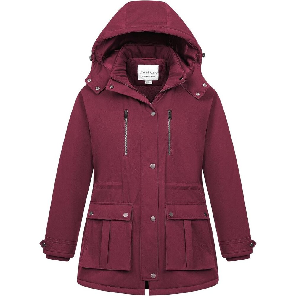 Women's Wine Red Waterproof Fleece Lined Detachable Hood Jacket Coat Winter Warm